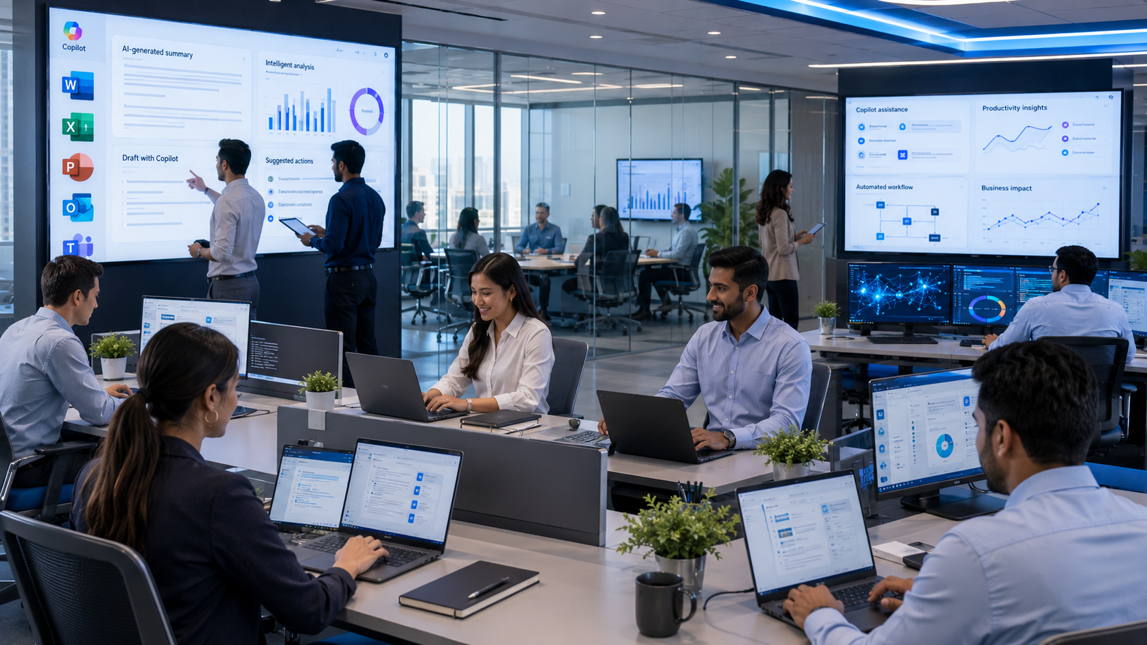 Microsoft Copilot helping business professionals improve workplace productivity with AI-powered document creation, collaboration, analytics, and Microsoft 365 applications.