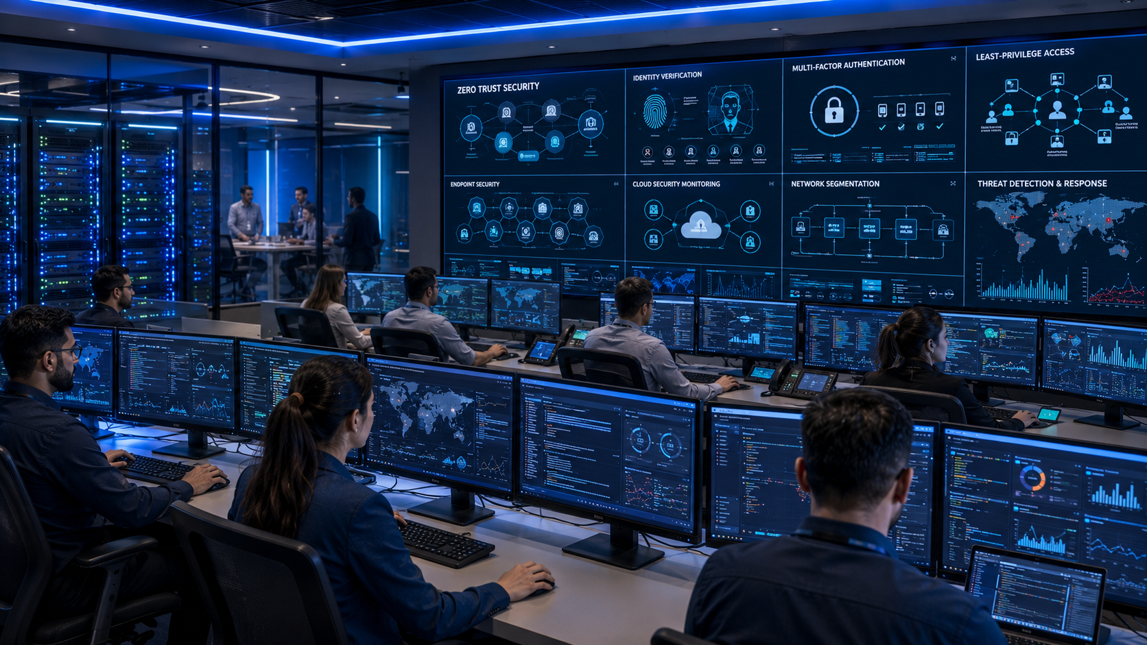 Enterprise cybersecurity team implementing Zero Trust Security with multi-factor authentication, identity verification, secure cloud access, network monitoring, and real-time threat detection.